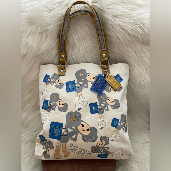 Coach Handbags - COACH Poppy Chan SILVER Canvas Tote Bag w/Two Hang Tags